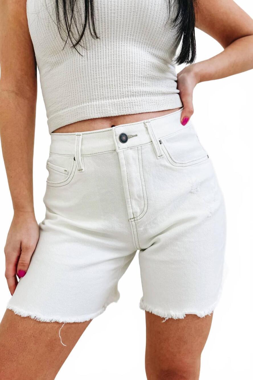 NEW MICA DENIM high rise distressed frayed hem shorts in misty white
